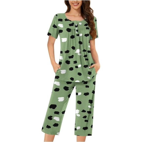 hxobax Womens Floral Pajama Sets 2 Piece Pjs Short Sleeve Pleated Tops and Capri Pants Set Sleepwear Casual Matching Sets Crewneck Shirt Loungewear Comfy Nightwear Pajamas Suits,#06_Green,3X-Large