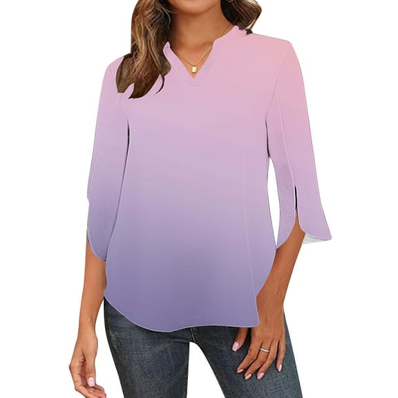 hxobax Womens Gradient Tunic Tops Split 3/4 Length Sleeve Tshirts Henley V Neck Shirts Summer Blouse