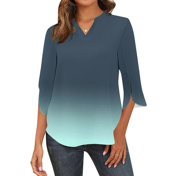hxobax Womens Gradient Tunic Tops Split 3/4 Length Sleeve Tshirts Henley V Neck Shirts Summer Blouse