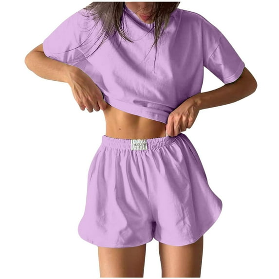 hxobax Womens Jogging Shorts Sets Two Piece Outfits For Women Summer Solid Workout Gym Short Sleeve Cropped Tops and Wide Leg Pants Sweatsuit Casual Tracksuit Beach Yoga Lounge Set,Purple,X-Large