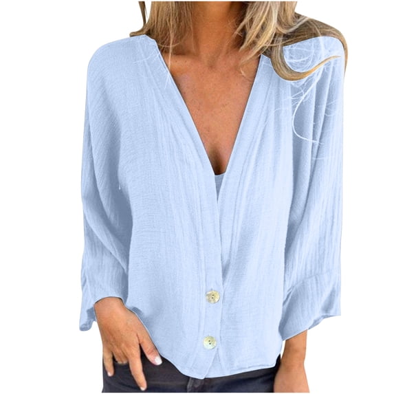 hxobax Womens Long Sleeve Cotton Linen Tops Deep V Neck Button Up Shirts Casual Loose Texture Blouse