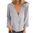 thumbnail image 1 of hxobax Womens Long Sleeve Cotton Linen Tops Deep V Neck Button Up Shirts Casual Loose Texture Blouse, 1 of 3