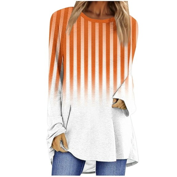 hxobax Womens Oversized Crewneck Tunic Tops for Leggings Long Sleeve Striped Gradient Pullover Shirt
