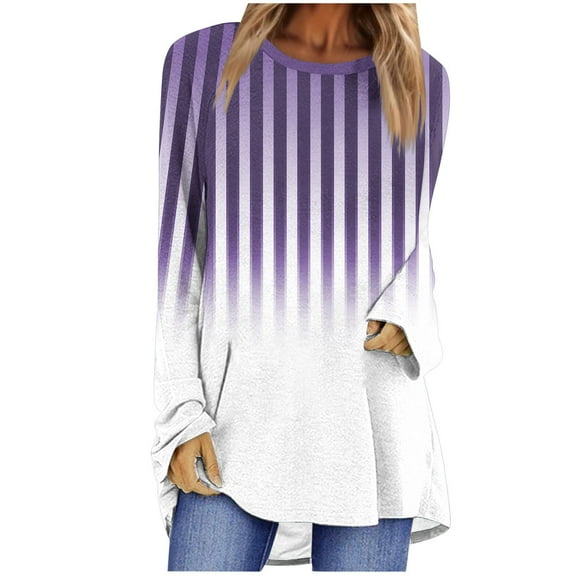 hxobax Womens Oversized Crewneck Tunic Tops for Leggings Long Sleeve Striped Gradient Pullover Shirt