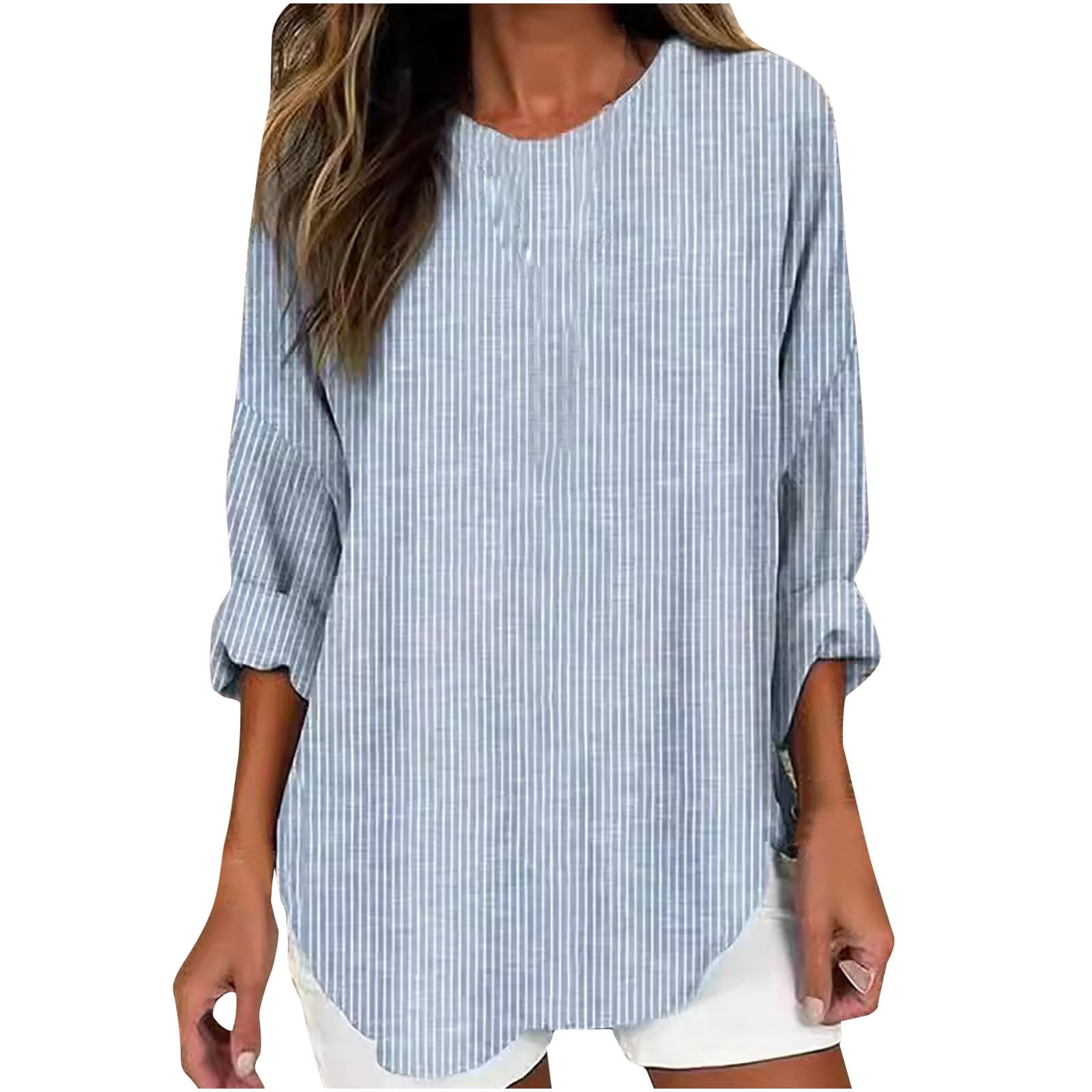 hxobax Womens Oversized Striped Shirts Rolled Up Long Sleeve