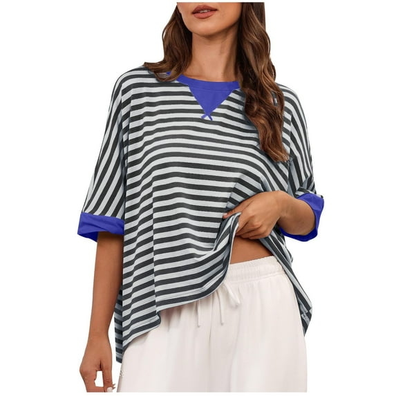 hxobax Womens Oversized Striped Tshirts Cute Colorblock Crewneck Tunic Tops Short Sleeve Summer Tees