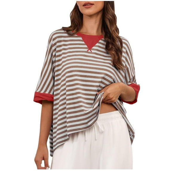 hxobax Womens Oversized Striped Tshirts Cute Colorblock Crewneck Tunic Tops Short Sleeve Summer Tees