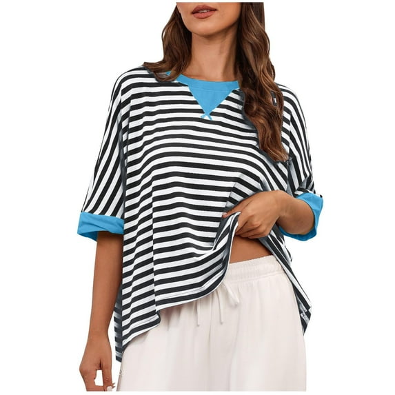 hxobax Womens Oversized Striped Tshirts Cute Colorblock Crewneck Tunic Tops Short Sleeve Summer Tees