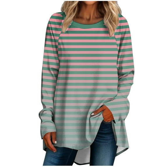 hxobax Womens Oversized Striped Tunic Tops Fall Long Sleeve Shirts Ombre Colorblock Pullover Tshirts