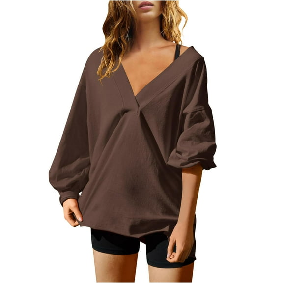 hxobax Womens Oversized Sweatshirts no Hood V Neck Drop Shoulder Long Sleeve Pullover Jumper Shirts
