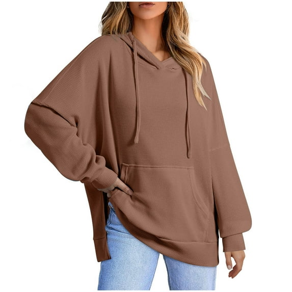 hxobax Womens Oversized Waffle Hoodies Sweatshirts Fall Trendy Drop Shoulder Long Sleeve Hooded Tops