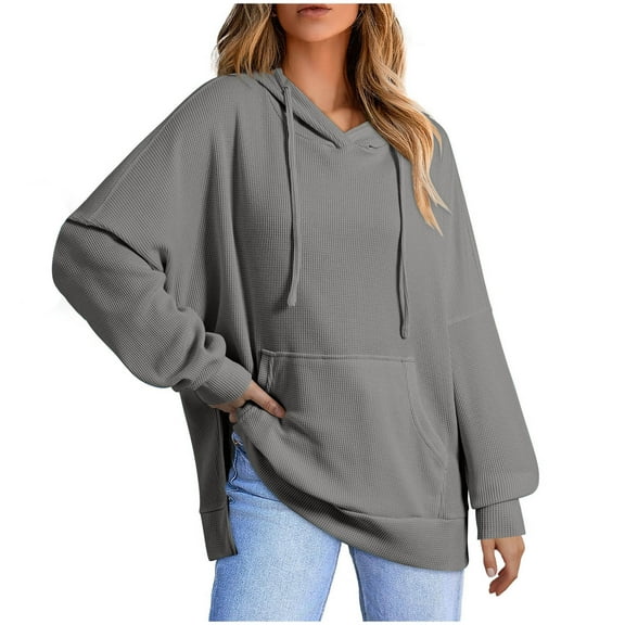 hxobax Womens Oversized Waffle Hoodies Sweatshirts Fall Trendy Drop Shoulder Long Sleeve Hooded Tops