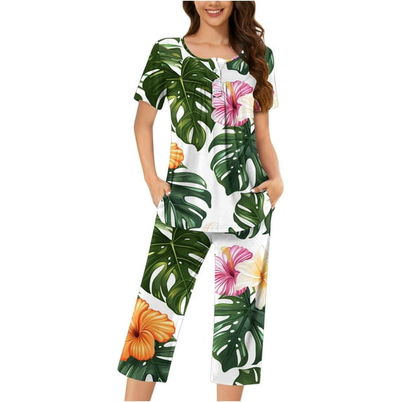 hxobax Womens Pajama Sets 2 Piece Lounge Wear Floral Printed Pleated Crewneck Short Sleeve Shirt Tops and Capri Pants Sleepwear Pjs Sets Ladies Matching Set Loungewear Nightwear,#02_Green,Large