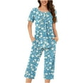 thumbnail image 1 of hxobax Womens Pajama Sets 2 Piece Lounge Wear Floral Printed Pleated Crewneck Short Sleeve Shirt Tops and Capri Pants Sleepwear Pjs Sets Ladies Matching Set Loungewear Nightwear,#03_Sky Blue,Large, 1 of 5