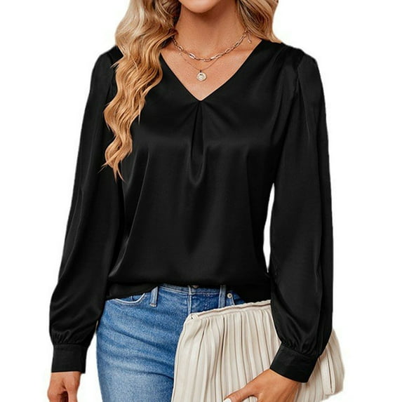 hxobax Womens Pleated V Neck Work Shirts Casual Long Sleeve Button Blouses Comfy Business Shirt Tops
