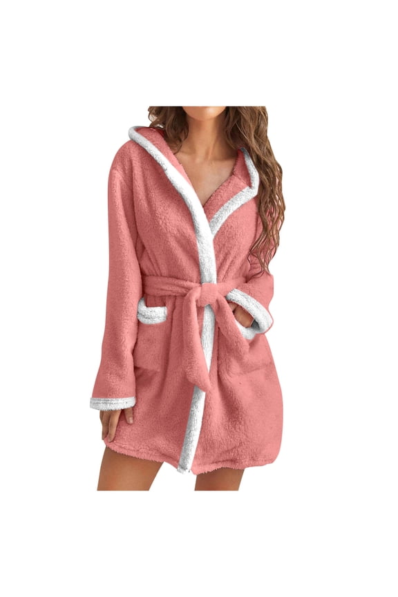 Womens Plush Hooded Robes, Fleece Soft Short Bath Robe for Women,Cozy Warm Bathrobe,Spa robe With Pockets Classic Winter Kimono Bathrobes Loungewear Belt Sleepwear Nightgown,Pink,Small