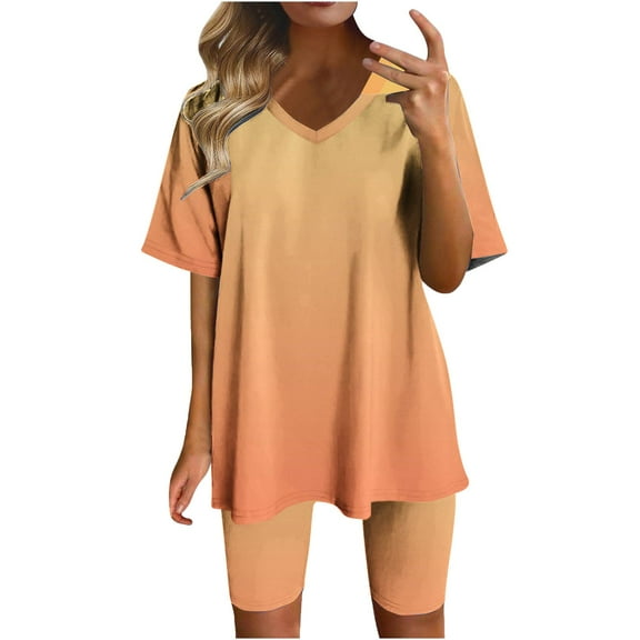 hxobax Womens Shorts Tracksuits, Women's 2 Piece Outfits, Ladies Summer Gradient Short Sleeve V Neck Shirts Tops and Bodycon Pant Set Trendy Sweat Sets Pajamas Matching Loungewear,#01_Blue,3X-Large