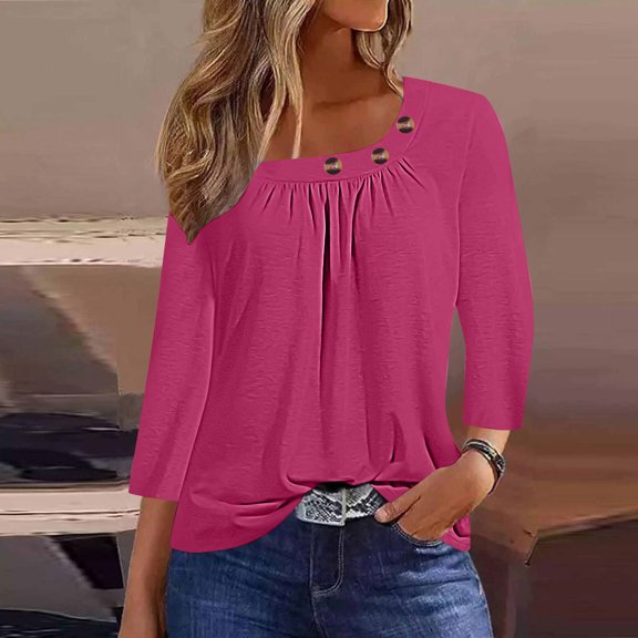 hxobax Womens Square Neck Tshirts Summer Tops Button Tunic Shirts 3/4 Sleeve Pleated Pullover Blouse