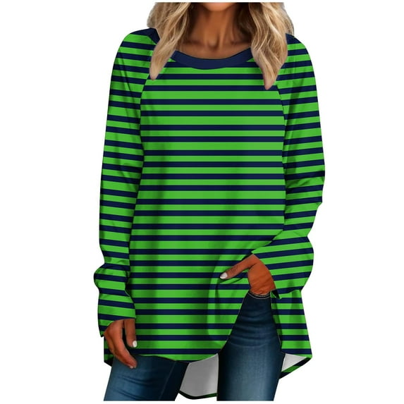 hxobax Womens Striped Oversized Tshirt Casual Crewneck Tunic Tops Fall Long Sleeve Raglan Shirts Top