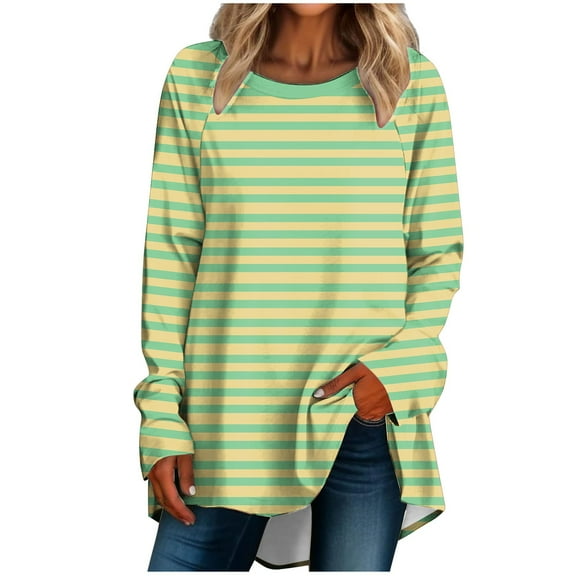 hxobax Womens Striped Oversized Tshirt Casual Crewneck Tunic Tops Fall Long Sleeve Raglan Shirts Top