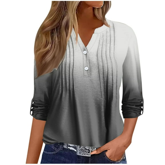 hxobax Womens T Shirts Long Sleeve Pleated Dressy Casual V Neck Blouse Gradient Button up Tunic Tops