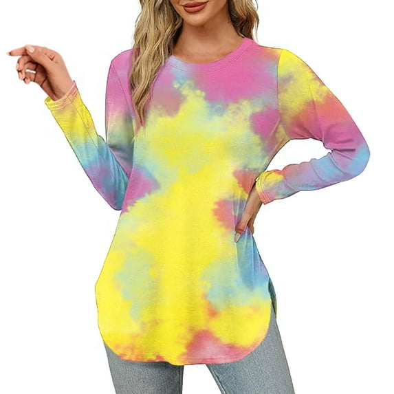 hxobax Womens Tie Dye Tunic Top for Leggings Pullover Long Sleeve Crewneck T Shirts Casual Blouses