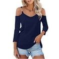 thumbnail image 1 of hxobax Womens Tops 3/4 Sleeve Cold Shoulder Tshirts Sexy V Neck T-Shirt Solid Color Basic Tees Tunic, 1 of 8