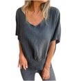 thumbnail image 1 of hxobax Womens Tops Cotton Linen Short Sleeve Tshirts Casual Solid V Neck Basic Tee Smocked Hem Tunic, 1 of 4