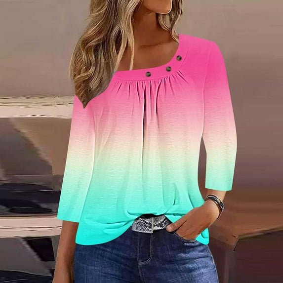 hxobax Womens Tops Trendy Ombre Tunic Tops Cute Square Neck Button Shirts 3/4 Sleeve Pleated Blouses
