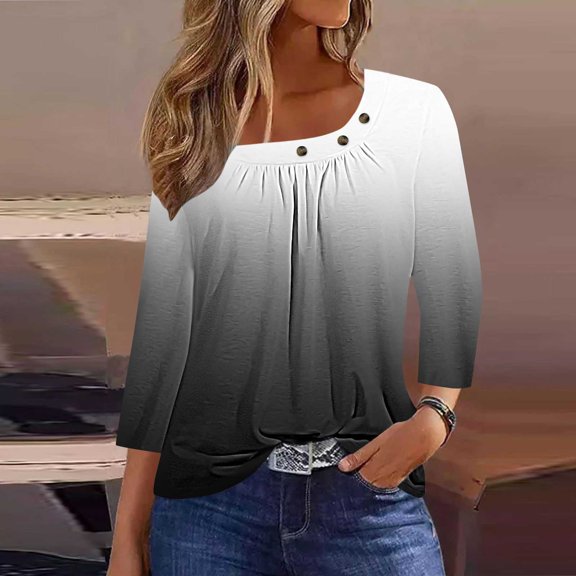 hxobax Womens Tops Trendy Ombre Tunic Tops Cute Square Neck Button Shirts 3/4 Sleeve Pleated Blouses