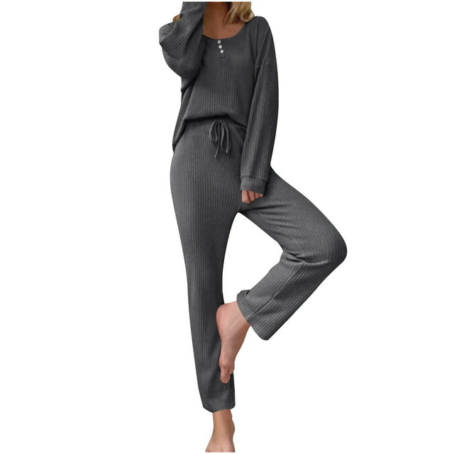 hxobax Womens Waffle Pajama Sets 2 Piece Cute Rib Sleepwear Loungewear Long Sleeve Crewneck Button Down Shirts Tops and Elastic Waist Drawstring Pants Pjs Matching Set Nightwear,Dark Gray,Medium