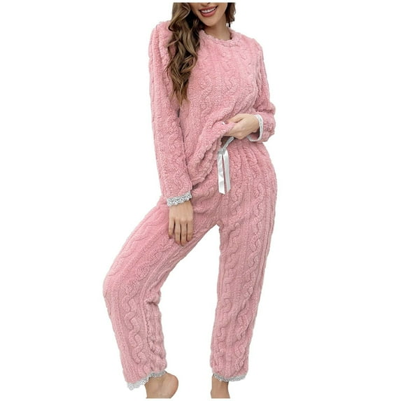 hxobax Womens Winter Warm Sleepwear Fluffy Pajamas Set for Women Soft Comfy Fleece Pjs Sets Lace Patchwork Long Sleeve Pullover Tops Drawstring Pants Matching Flannel Loungewear,Pink,X-Large
