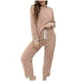 thumbnail image 1 of hxobax Womens Winter Warm Sleepwear Fluffy Pajamas Set for Women Soft Comfy Fleece Pjs Sets Lace Patchwork Long Sleeve Pullover Tops Drawstring Pants Matching Flannel Loungewear,Khaki,Large, 1 of 4