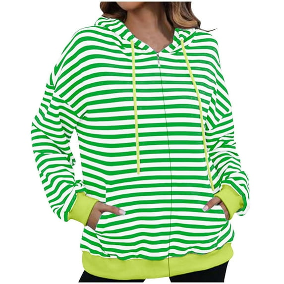 hxobax Womens Zipper Oversized Hoodies Sweatshirts Striped Colorblock Long Sleeve Hooded Jacket Coat