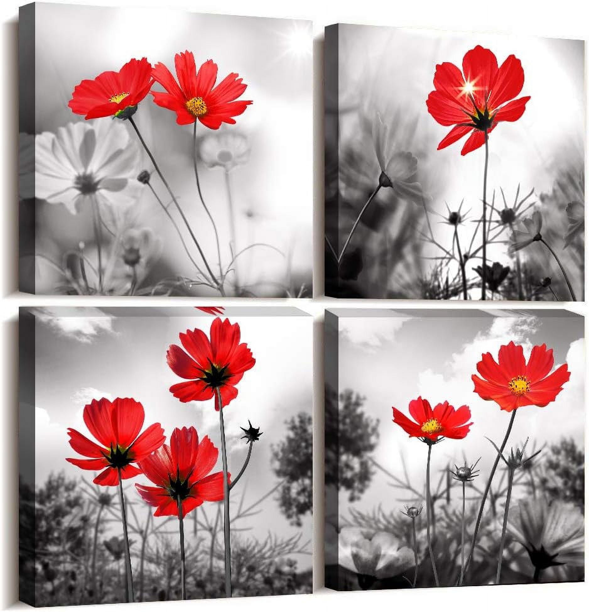 hyidecorart 4pcs Modern Salon Theme Black and White Plant The red flower  Flower Abstract Painting Still Life Canvas Wall Art for Home Decor Flower  Canvas Print Wall Art Painting For Living Room, image size:1876x1948