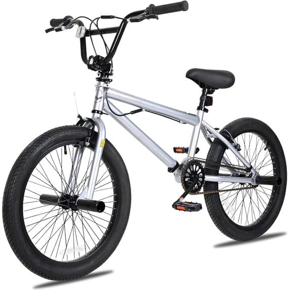 Hykolity 20 inch BMX Bike Freestyle Cycling Trick Bicycle with 4 Pegs for Teenage Adults Men Women Beginners Street Stunt Bike V-Brake Silver