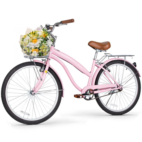 hykolity 26 inch Cruiser Bike Beach Bicycle City Bike Commuter Cycling  for Adult Women Height 60-72 inch Front Basket Rear Rack, pink