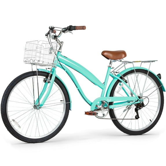 Hykolity 26 Inch Beach Cruiser Bike 7-Speed Outdoor City Bike for Women Commuter Bicycle with Rear Rack Basket High-Carbon Steel Front & Rear Fenders