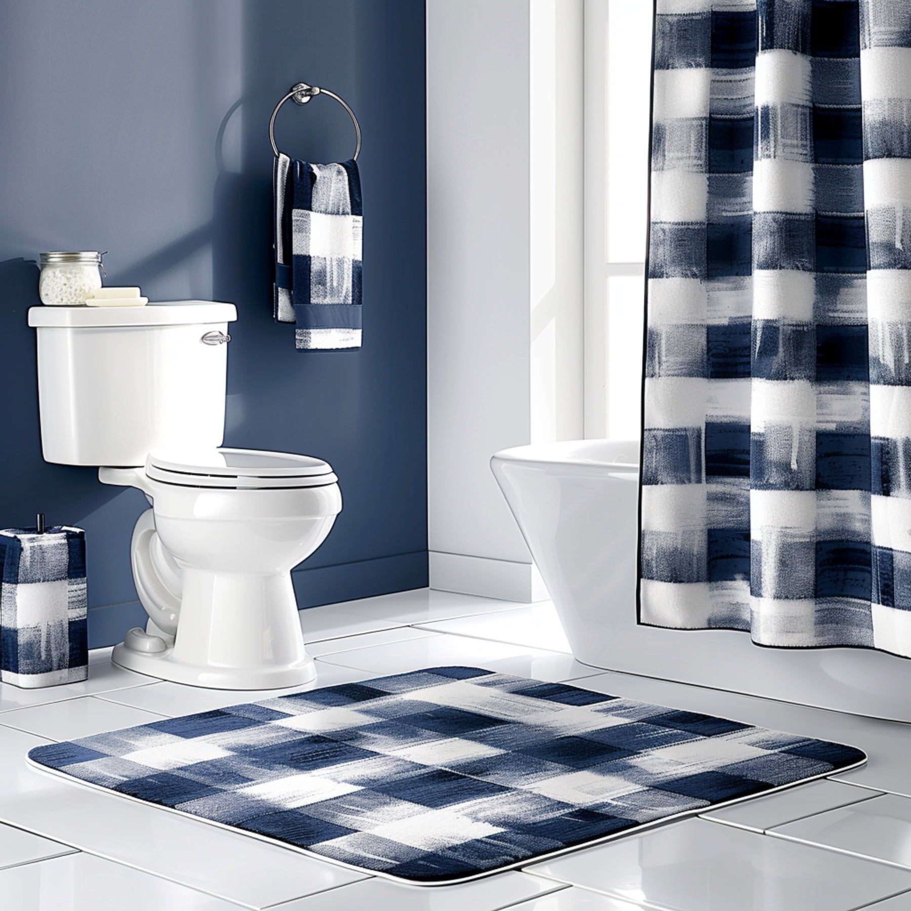 hyper realistic navy blue gingham shower curtain with white accents