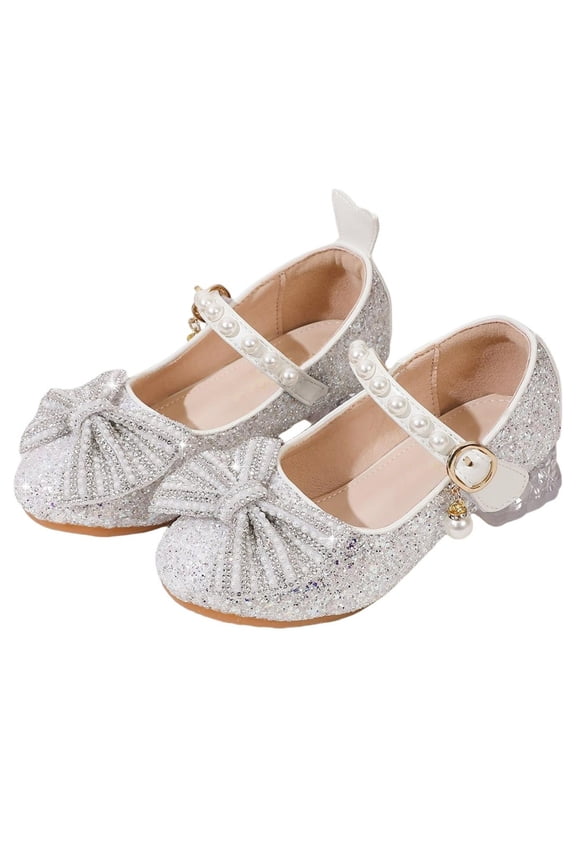 Girls High Heel Pumps Princess Bow Pearl Crystal Glitter Sequins Dance Stage Performance Shoes Soft Sole Cushioned Fit