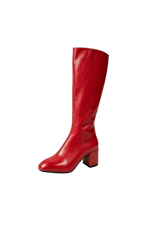 Ladies Mid Calf Round Toe Boots Soft Elastic Pu Surface Shock Absorbing Inner Sole Stable Heel For Daily Wear And Casual Outfit Matching Red