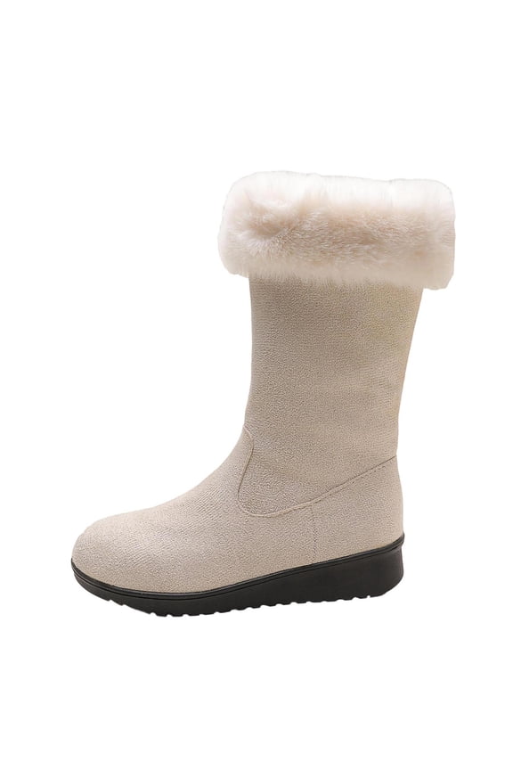 Women Round Toe Mid Calf Boots Warm Fleece Lining Elastic Outer Material Mid Block Heel Cold Resistant Design For Autumn Winter Outdoor Daily Use Beige