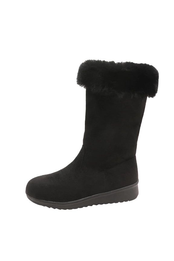 Women Round Toe Mid Calf Boots Warm Fleece Lining Elastic Outer Material Mid Block Heel Cold Resistant Design For Autumn Winter Outdoor Daily Use Black