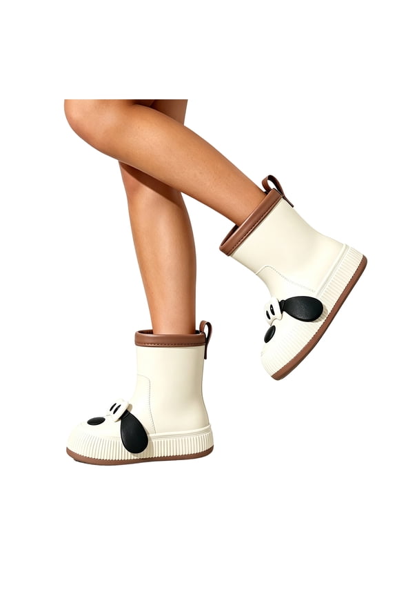 Women'S Mid Calf Rain Boots Eye Shaped Decoration Pull On Design Waterproof Thick Sole Casual Shoes For Daily Indoor Outdoor Use White
