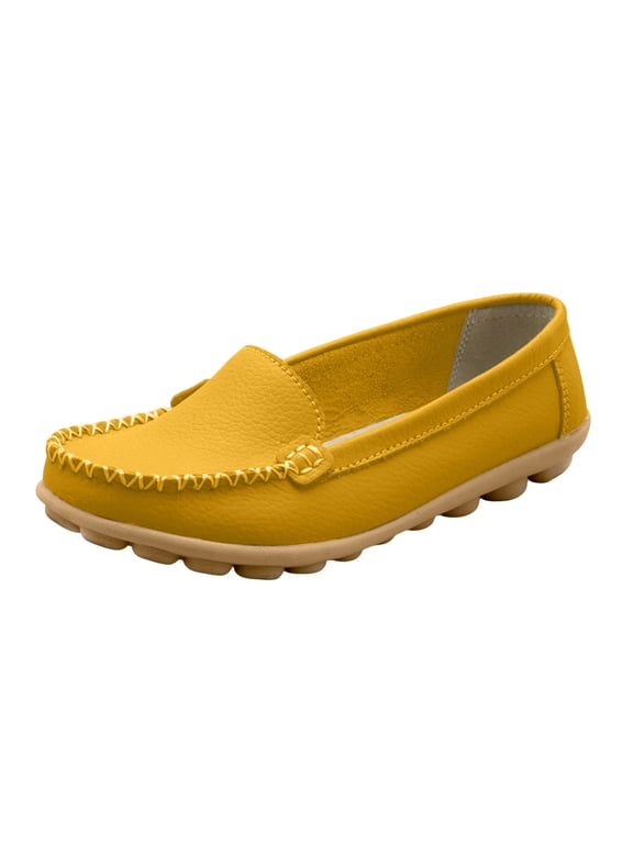 Women'S Slip On Moccasin Flats Faux Leather Surface Soft Lining Non Slip Rubber Sole For Driving Shopping And Daily Casual Use Yellow
