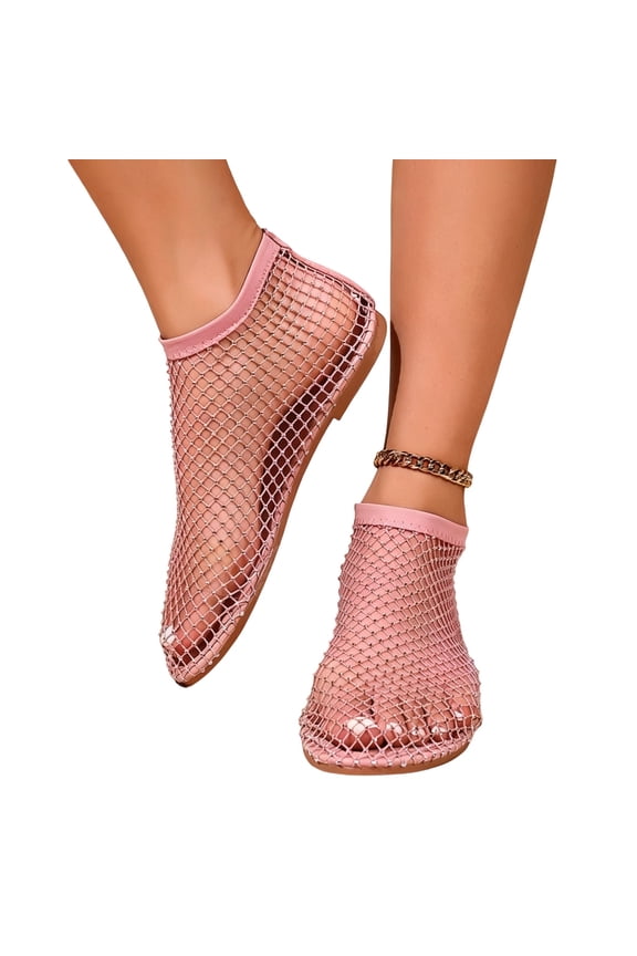 Women's Rhinestone Ballet Flats Fishnet Breathable Ankle Strap Sandals Sparkly Toe Open Flat Shoes For Party Evening Wear