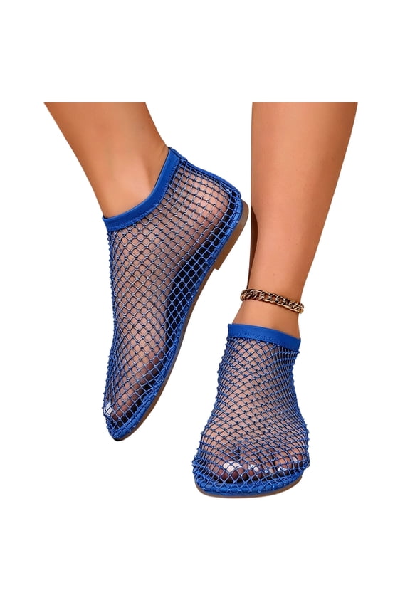 Women's Rhinestone Ballet Flats Fishnet Breathable Ankle Strap Sandals Sparkly Toe Open Flat Shoes For Party Evening Wear
