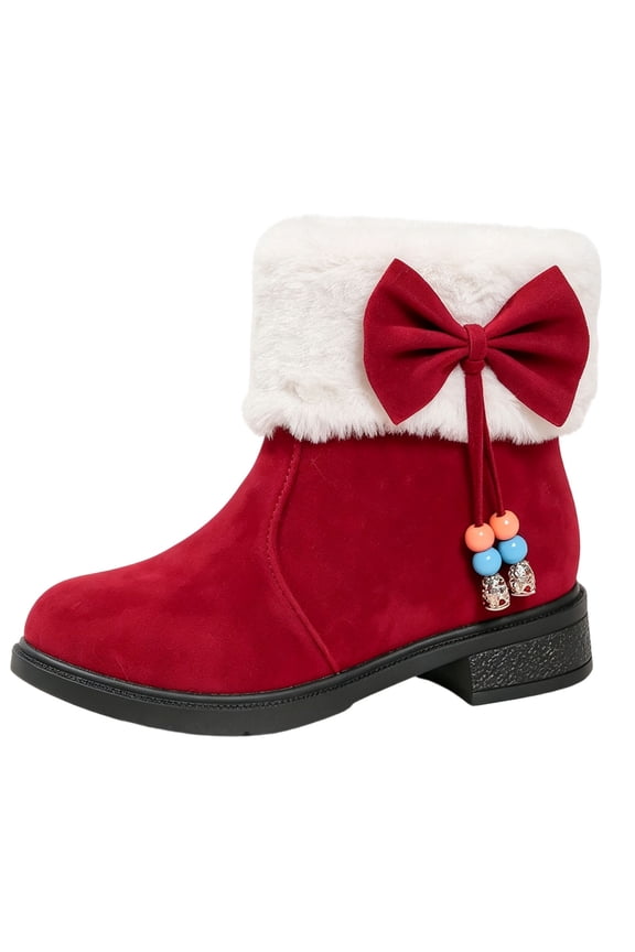 Womens Ankle Boots Round Toe Bow Accent Warm Cuff Thick Sole Low Block Heel for Casual Cold Weather Wear