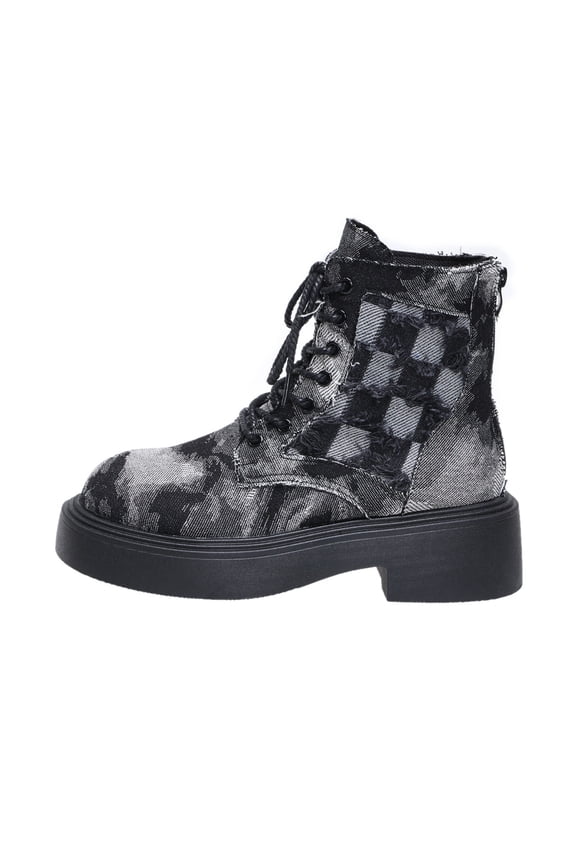 Womens Ankle Boots Round Toe Tie Front Chunky Mid Heel Short Boots Plaid Pattern for Daily Wear