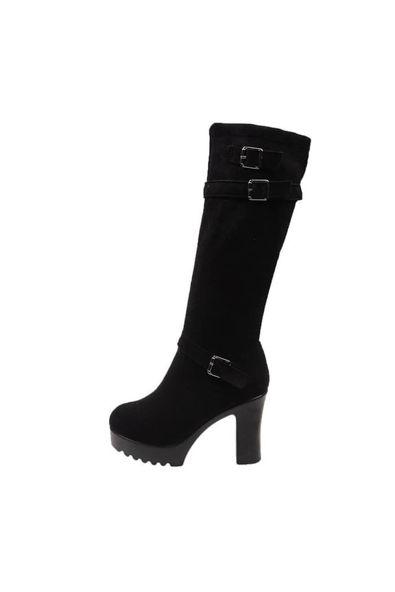 Womens Knee High Boots Multiple Buckle Straps Thick Sole Block Heel for Casual Street and Fall Winter Wear